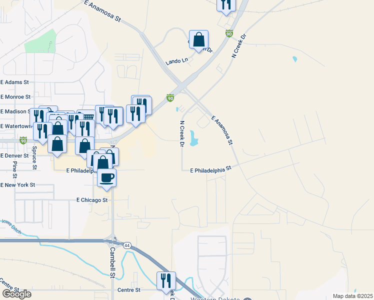 map of restaurants, bars, coffee shops, grocery stores, and more near 422 North Creek Drive in Rapid City