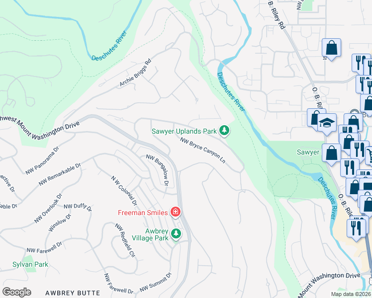 map of restaurants, bars, coffee shops, grocery stores, and more near 3404 Denali Lane in Bend