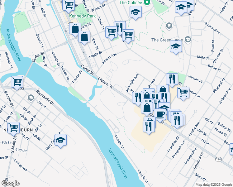 map of restaurants, bars, coffee shops, grocery stores, and more near 733 Lisbon Street in Lewiston