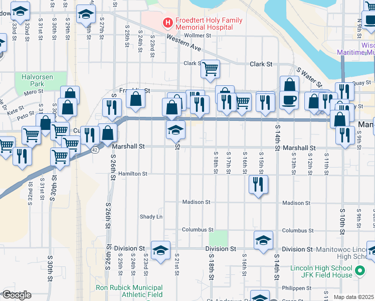 map of restaurants, bars, coffee shops, grocery stores, and more near 1117 South 20th Street in Manitowoc