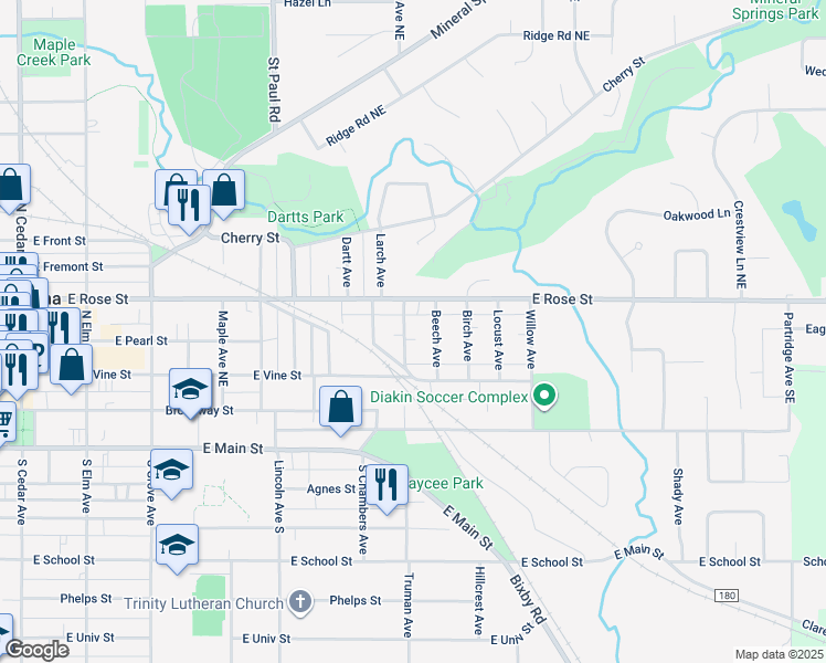 map of restaurants, bars, coffee shops, grocery stores, and more near 228 Linden Avenue in Owatonna