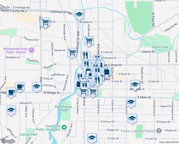 map of restaurants, bars, coffee shops, grocery stores, and more near 147 West Pearl Street in Owatonna
