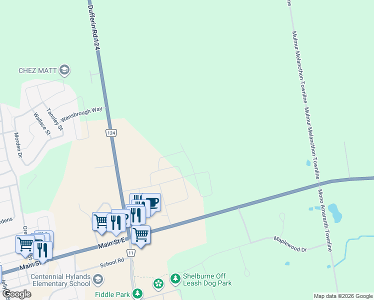map of restaurants, bars, coffee shops, grocery stores, and more near 335 Leanne Lane in Shelburne