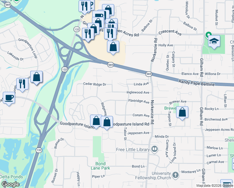 map of restaurants, bars, coffee shops, grocery stores, and more near 1320 Inglewood Avenue in Eugene