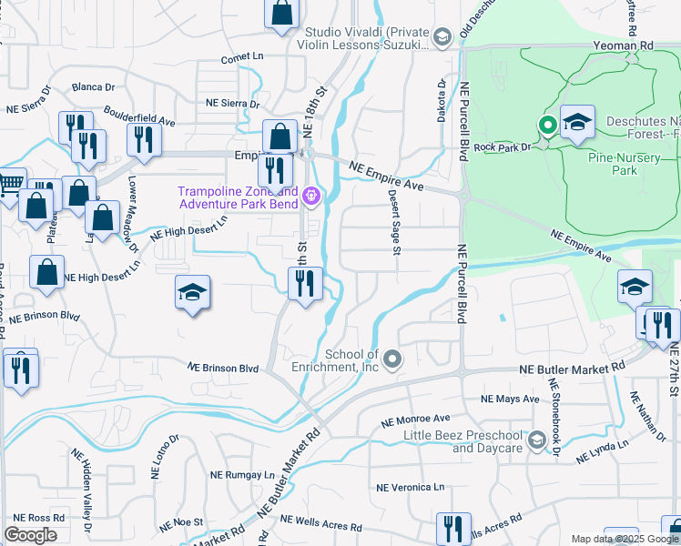 map of restaurants, bars, coffee shops, grocery stores, and more near 62983 Marsh Orchid Drive in Bend