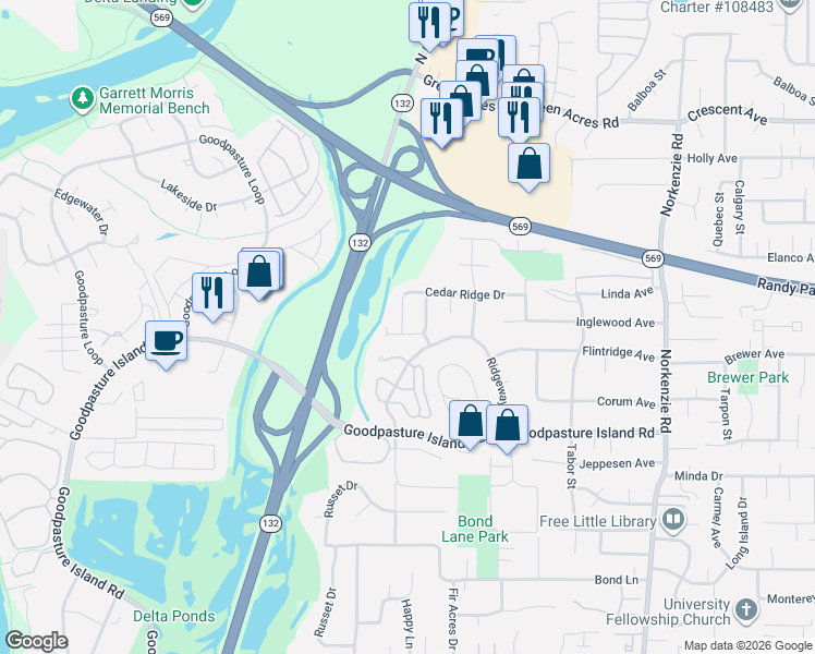 map of restaurants, bars, coffee shops, grocery stores, and more near 1165 Skylark Lane in Eugene