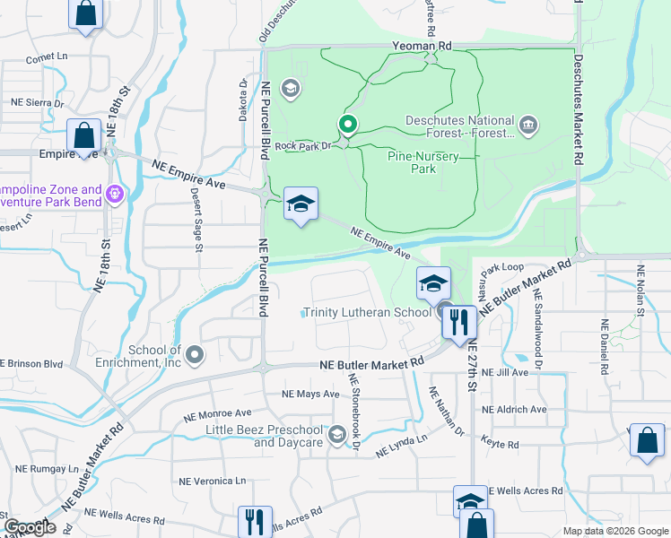 map of restaurants, bars, coffee shops, grocery stores, and more near 3342 Northeast Stonebrook Loop in Bend