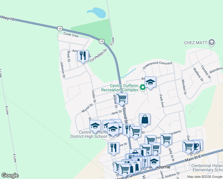 map of restaurants, bars, coffee shops, grocery stores, and more near 107 Susan Street in Shelburne