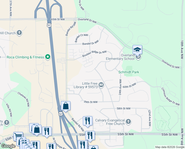 map of restaurants, bars, coffee shops, grocery stores, and more near 2511 62nd Street Northwest in Rochester