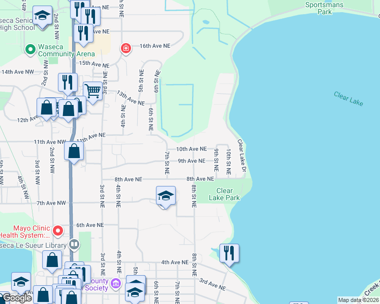 map of restaurants, bars, coffee shops, grocery stores, and more near 804 9th Avenue Northeast in Waseca
