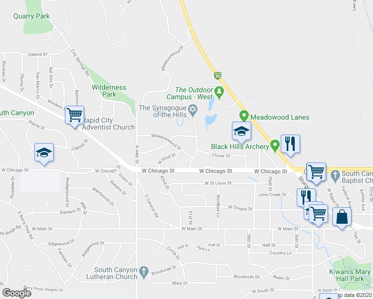 map of restaurants, bars, coffee shops, grocery stores, and more near 4120 Meadowwood Drive in Rapid City