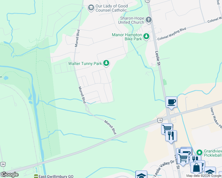 map of restaurants, bars, coffee shops, grocery stores, and more near 75 Eastgrove Square in East Gwillimbury