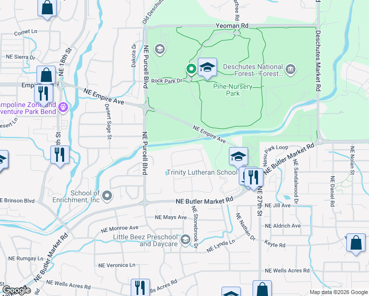 map of restaurants, bars, coffee shops, grocery stores, and more near 3342 Northeast Stonebrook Loop in Bend