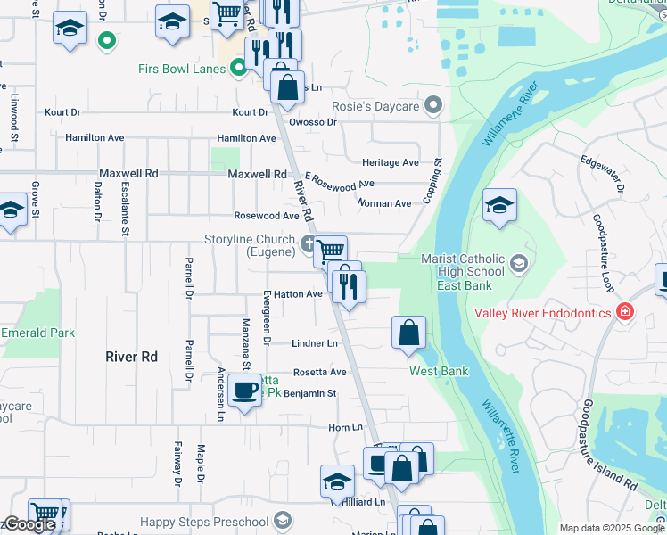 map of restaurants, bars, coffee shops, grocery stores, and more near 25 Hatton Avenue in Eugene