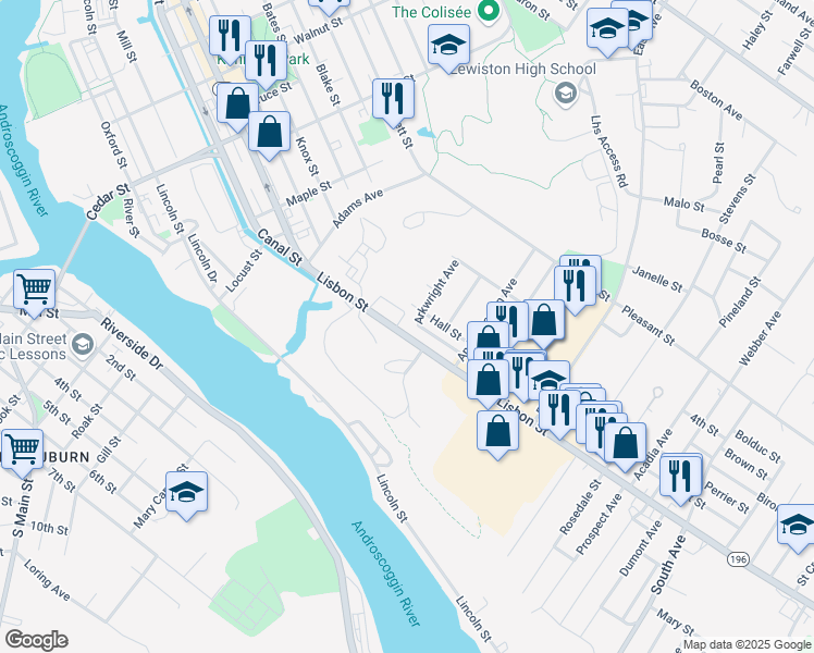 map of restaurants, bars, coffee shops, grocery stores, and more near 733 Lisbon Street in Lewiston