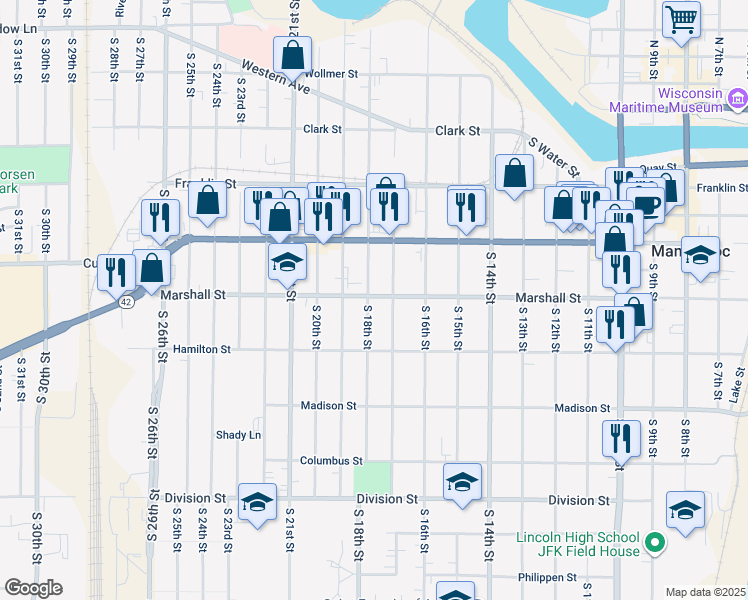 map of restaurants, bars, coffee shops, grocery stores, and more near 1118 South 17th Street in Manitowoc