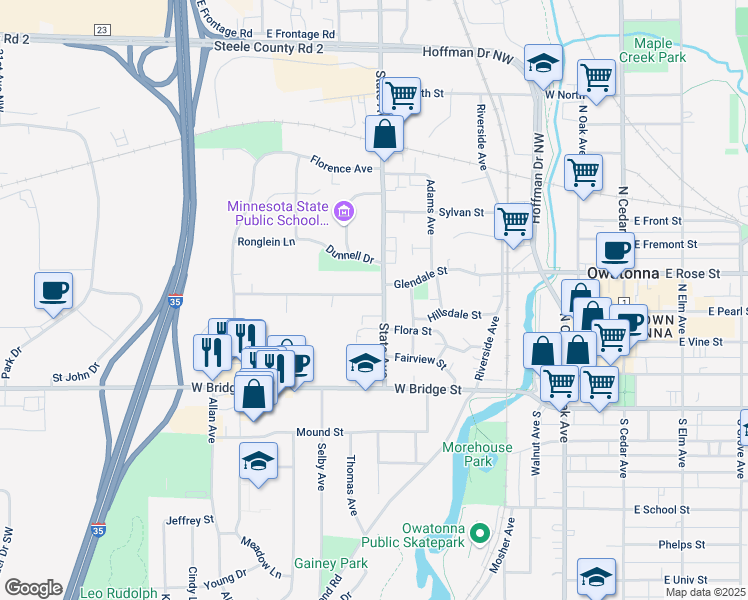 map of restaurants, bars, coffee shops, grocery stores, and more near 306 State Avenue in Owatonna