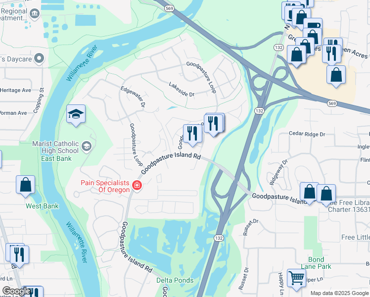 map of restaurants, bars, coffee shops, grocery stores, and more near 810 Goodpasture Island Rd in Eugene