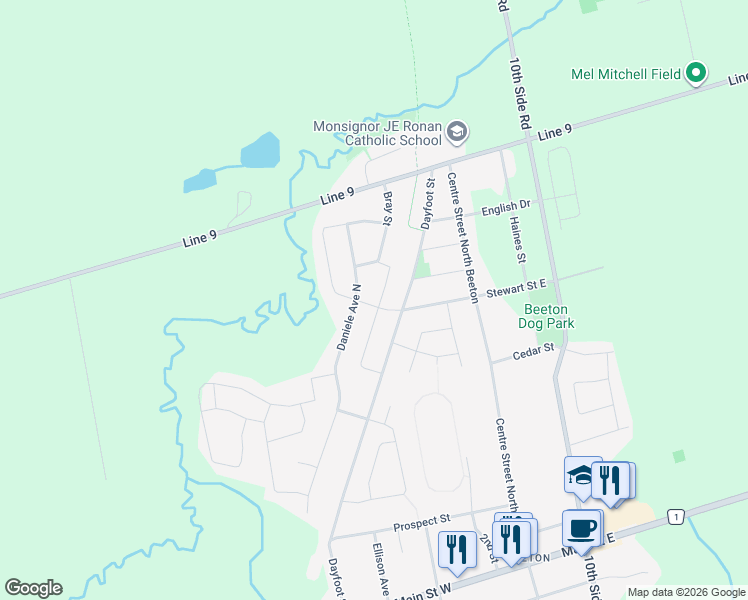 map of restaurants, bars, coffee shops, grocery stores, and more near 58 Carleton Trail in New Tecumseth