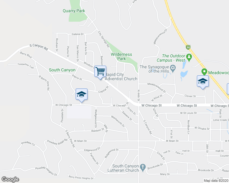 map of restaurants, bars, coffee shops, grocery stores, and more near 4543 South Canyon Road in Rapid City