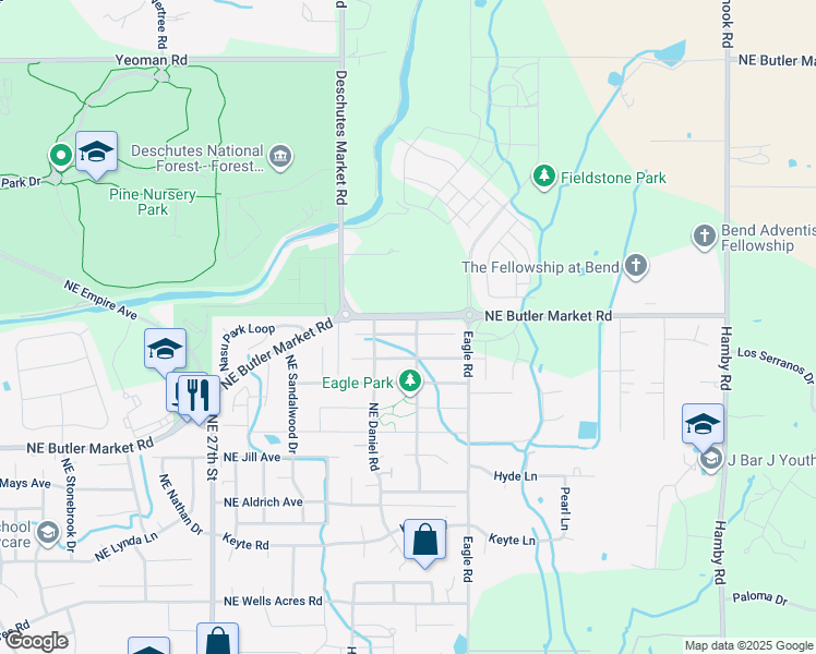 map of restaurants, bars, coffee shops, grocery stores, and more near 21354 Northeast Brooklyn Place in Bend