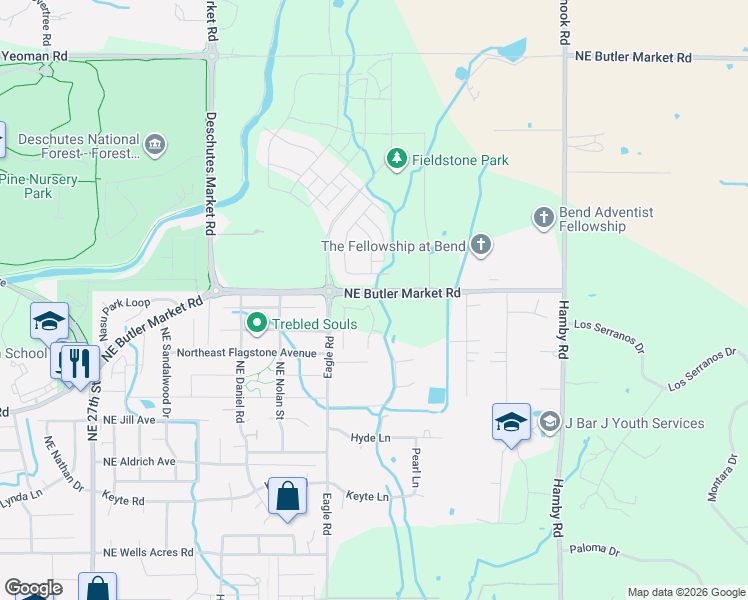 map of restaurants, bars, coffee shops, grocery stores, and more near 21447 Northeast Butler Market Road in Bend