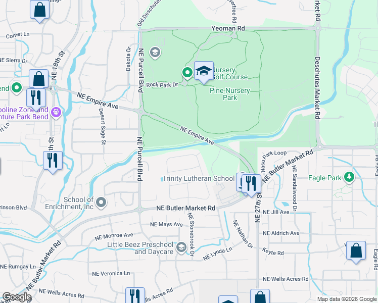 map of restaurants, bars, coffee shops, grocery stores, and more near 2370 Northeast Edgewater Drive in Bend