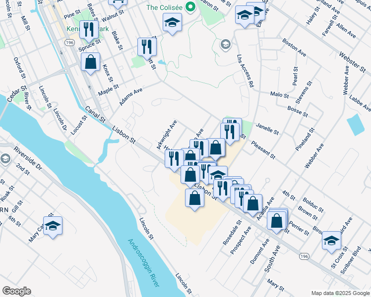 map of restaurants, bars, coffee shops, grocery stores, and more near 4 Hall Street in Lewiston