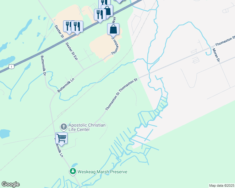 map of restaurants, bars, coffee shops, grocery stores, and more near Thomaston Street in Thomaston
