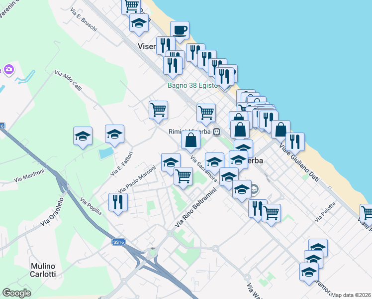 map of restaurants, bars, coffee shops, grocery stores, and more near 1-5 Via Sacramora in Rimini