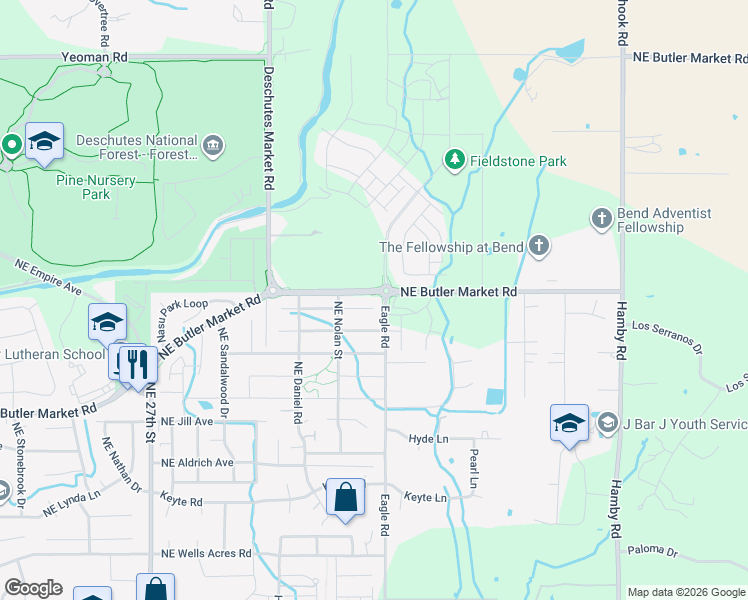 map of restaurants, bars, coffee shops, grocery stores, and more near 21394 Northeast Nolan Court in Bend