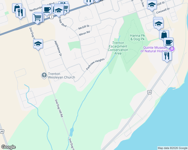 map of restaurants, bars, coffee shops, grocery stores, and more near 26 Bridlewood Lane in Quinte West