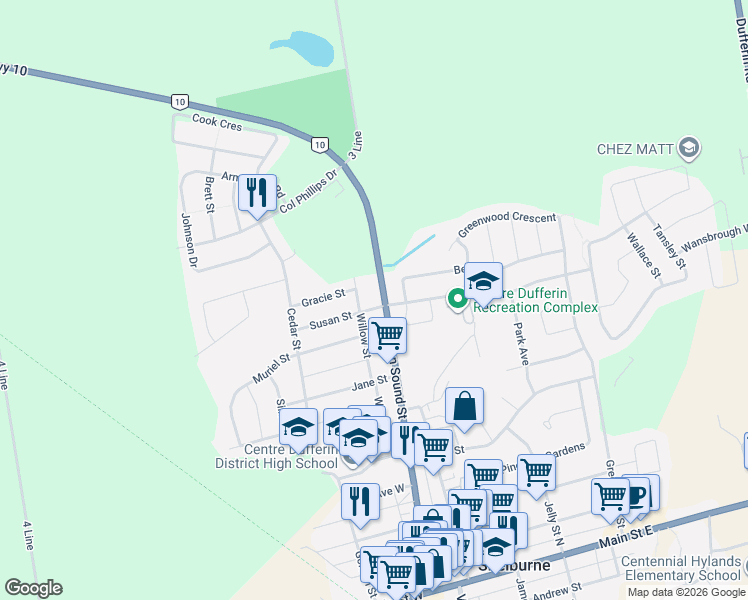 map of restaurants, bars, coffee shops, grocery stores, and more near 704 Owen Sound Street in Shelburne