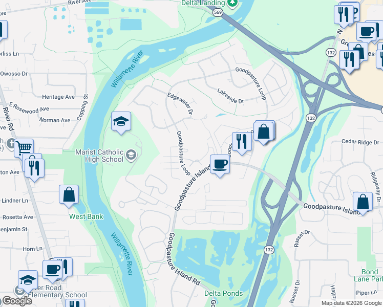 map of restaurants, bars, coffee shops, grocery stores, and more near 2068 Lake Isle Drive in Eugene