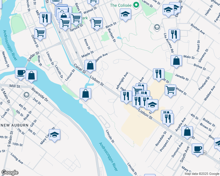 map of restaurants, bars, coffee shops, grocery stores, and more near 3 Garnett Avenue in Lewiston