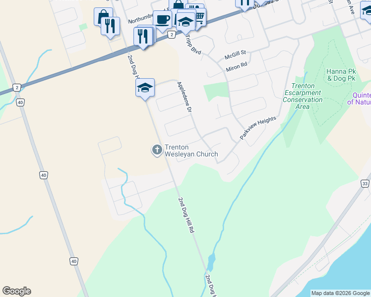 map of restaurants, bars, coffee shops, grocery stores, and more near 60 Crews Crescent in Quinte West