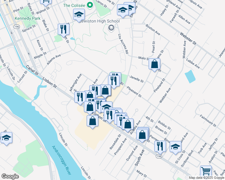 map of restaurants, bars, coffee shops, grocery stores, and more near 40 East Avenue in Lewiston