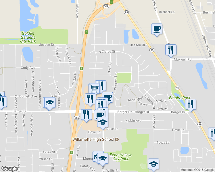 map of restaurants, bars, coffee shops, grocery stores, and more near 2483-2487 Noah Street in Eugene