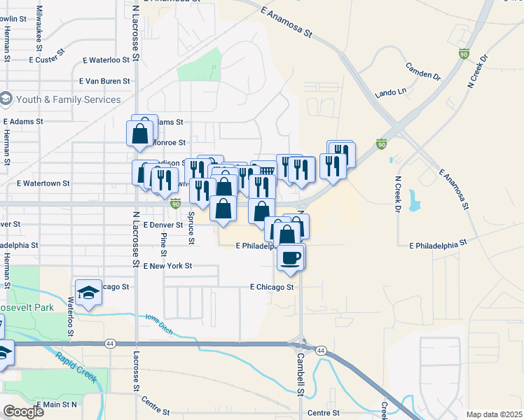 map of restaurants, bars, coffee shops, grocery stores, and more near in Rapid City