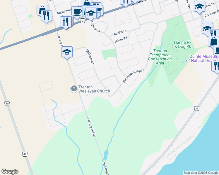 map of restaurants, bars, coffee shops, grocery stores, and more near 30 Sunshine Lane in Quinte West