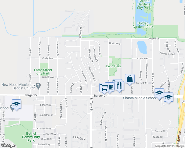 map of restaurants, bars, coffee shops, grocery stores, and more near 2094 Assumption Street in Eugene