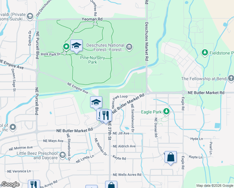 map of restaurants, bars, coffee shops, grocery stores, and more near 62931 Nasu Park Loop in Bend