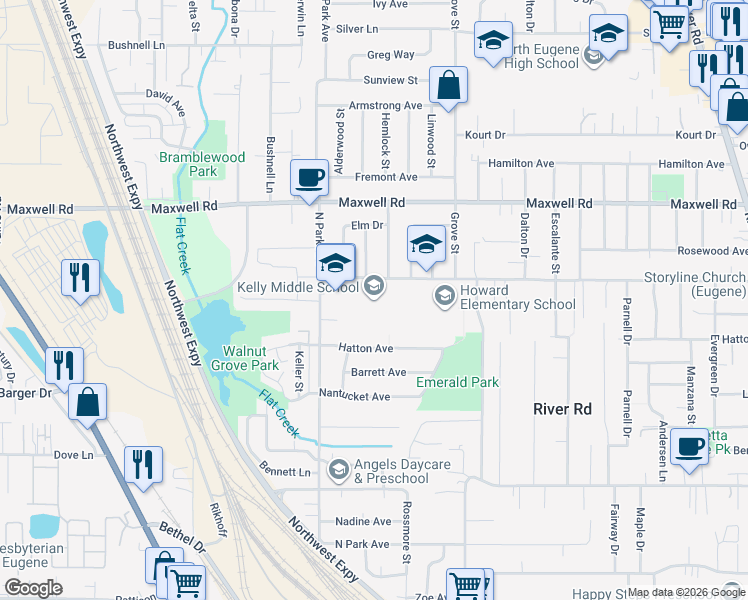 map of restaurants, bars, coffee shops, grocery stores, and more near 850 Howard Avenue in Eugene