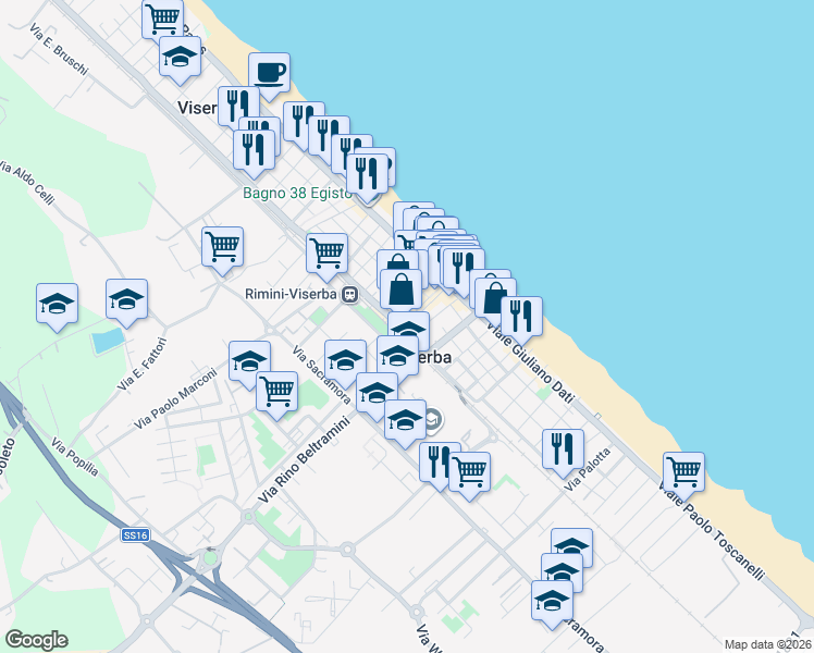 map of restaurants, bars, coffee shops, grocery stores, and more near 2 Via Petricari in Rimini