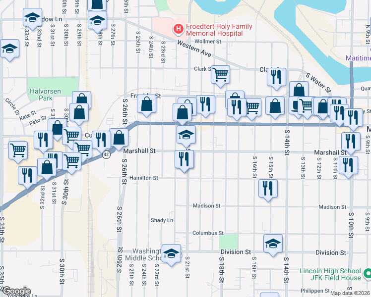 map of restaurants, bars, coffee shops, grocery stores, and more near 1026 South 21st Street in Manitowoc