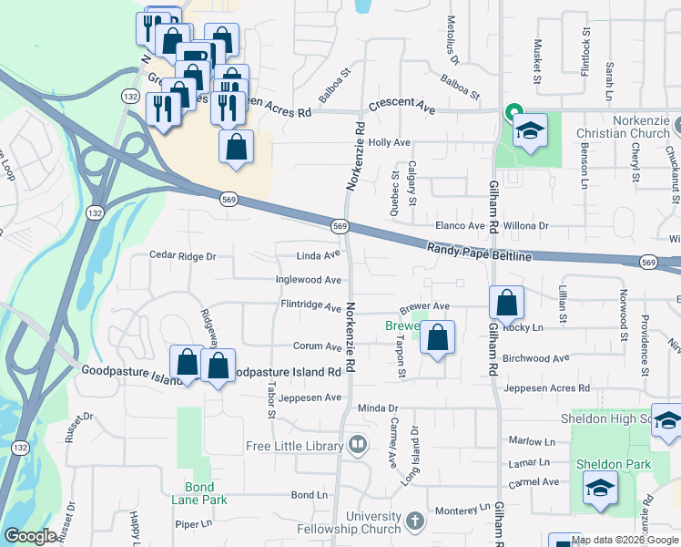map of restaurants, bars, coffee shops, grocery stores, and more near 2280 Norkenzie Road in Eugene
