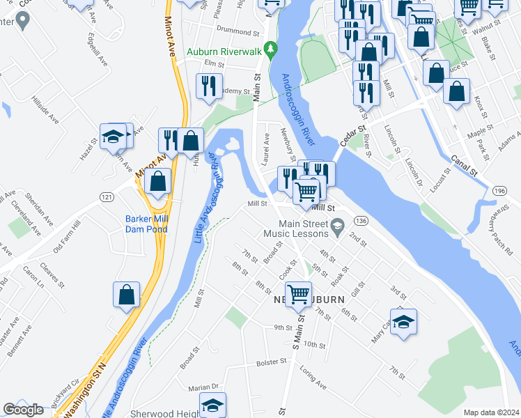 map of restaurants, bars, coffee shops, grocery stores, and more near 376 Maine 136 in Auburn