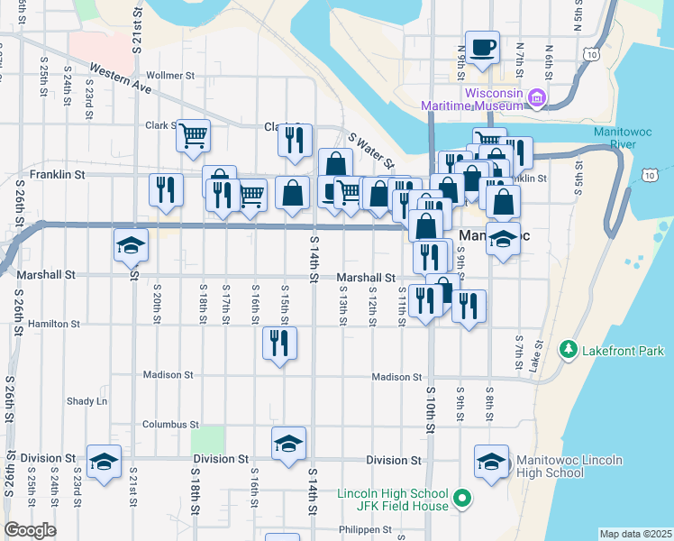 map of restaurants, bars, coffee shops, grocery stores, and more near 1020 South 12th Street in Manitowoc