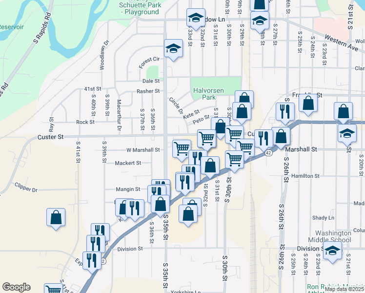 map of restaurants, bars, coffee shops, grocery stores, and more near 3415 Custer Street in Manitowoc