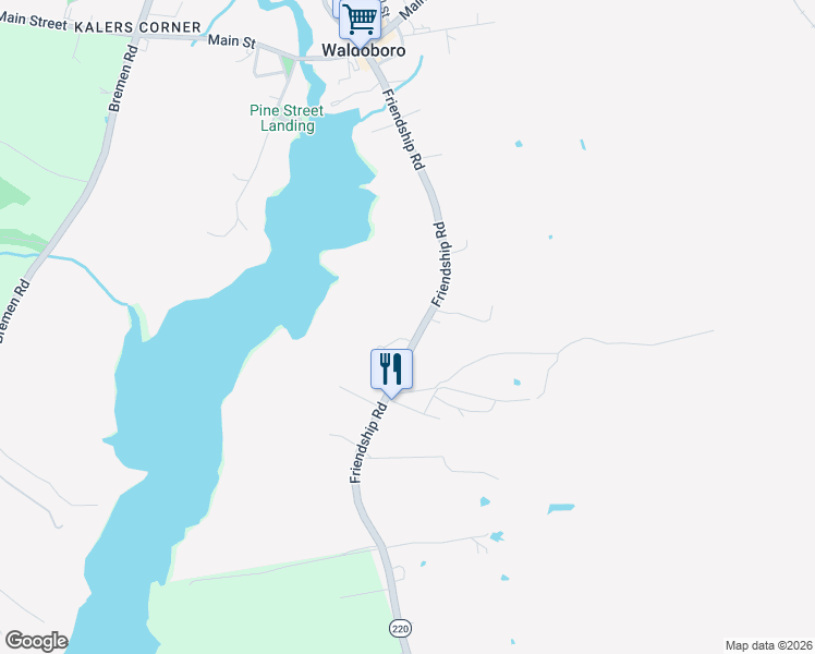 map of restaurants, bars, coffee shops, grocery stores, and more near 290 Friendship Road in Waldoboro